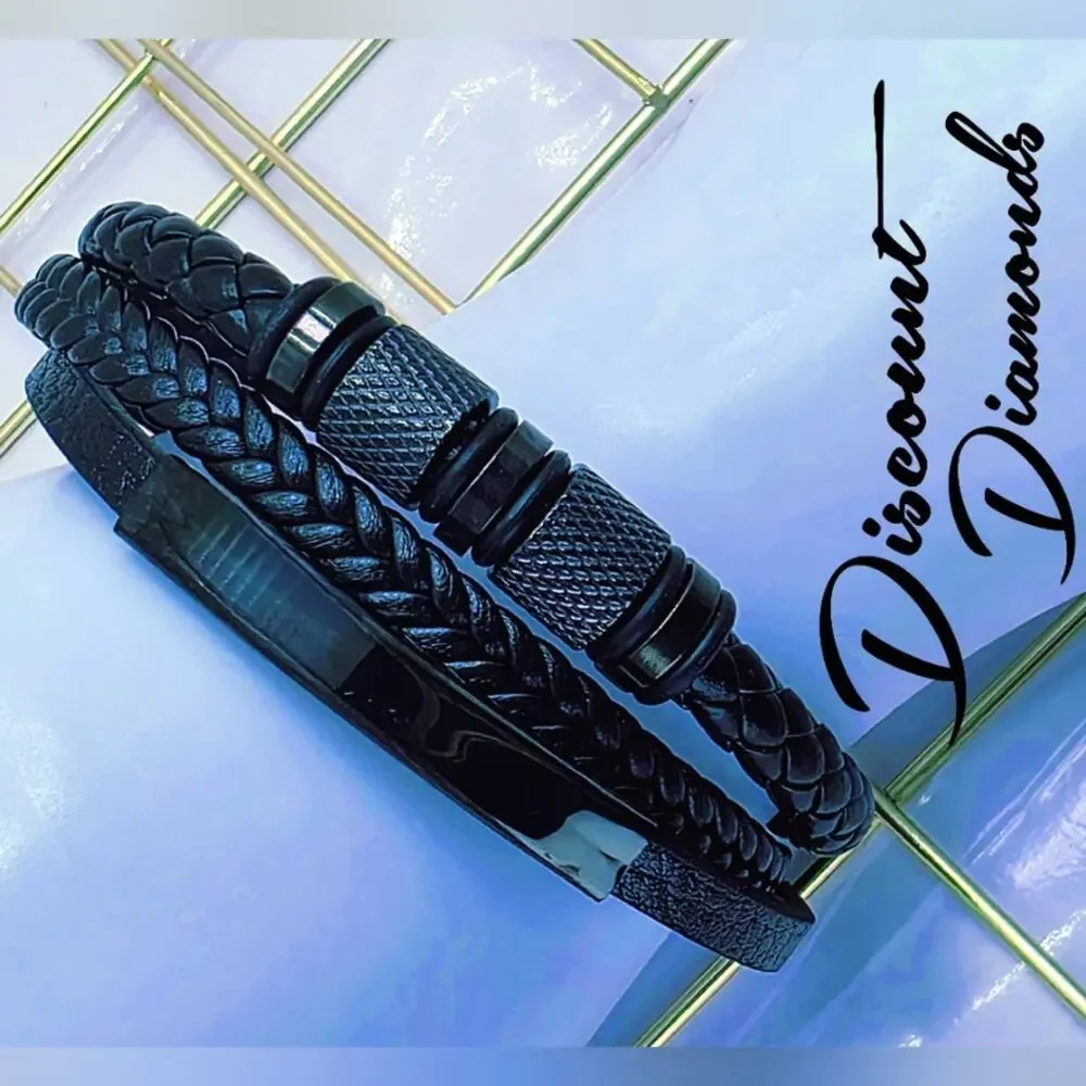 Men's Black Titanium Braded Black Leather Trinity Bracelet